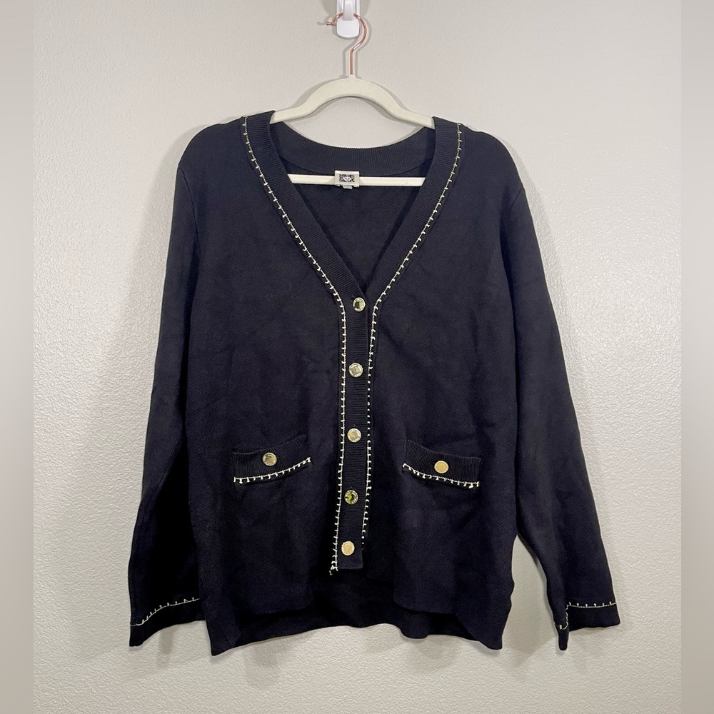 NEW Anne Klein Cardigan Sweater Button Down Black Gold Accents Buttons Women L